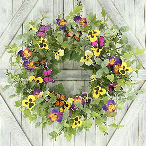 Artificial Spring Summer Wreath with Pansy Flower,fake butterfly,Eucalyptus Leaves,ivy leaves,fern for Front Door Indoor Outdoor Farmhouse Home Wall Window Festival Wedding Decor, white gift box