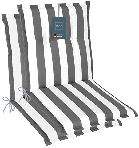 LILENO HOME Gartenstuhl Auflagen als [2er Set - Niedriglehner] in Blockstreifen Grau - Bequeme Liegen als Sitzauflagen für Gartenmöbel - Stuhlkissen für Gartenstühle und Klappstühle