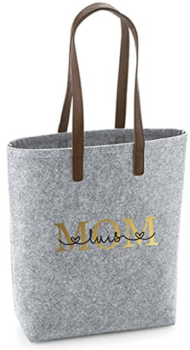 Filztasche Damen-Tasche mit Motivdruck | Bedruckt und Personalisiert | Shopper Geschenk Handtasche Einkaufstasche Mama Oma (Hellgrau MOM)