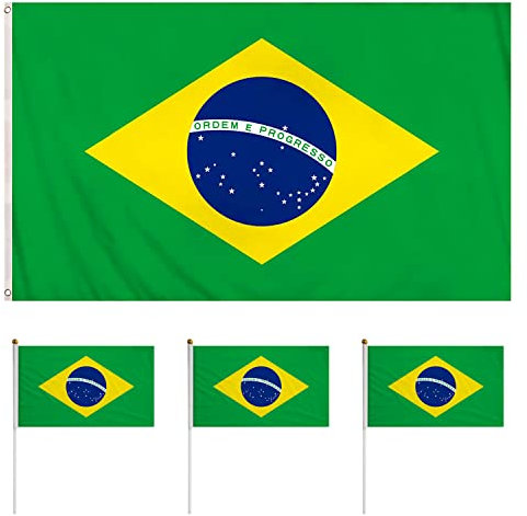 1 bandera de Brasil (90 x 150 cm), 3 mini banderas de mano de Brasil (14 x 21 cm), impermeable y resistente al sol, no se decolora, adecuada para eventos deportivos, celebraciones, fiestas