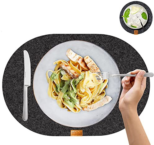 MIQIO® Filz Tischset Oval - Nachhaltige Premium Platzsets 12er Set | Schadstoffgeprüft Ökotex | Aus 100% Recycelten PET Flaschen | 44x29 cm | 6 abwaschbare Filzuntersetzer +6 Glas Untersetzer rund