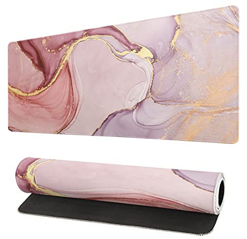 Roségold Marmor Mauspad Abstrakt Rosa Schreibtischunterlage 35,4 x 15,7 Zoll Marmorierte Textur Rutschfeste Gummiunterseite Groß Roségold Mousepad Nähte Kanten Tastatur Mauspad Schreibtischunterlage