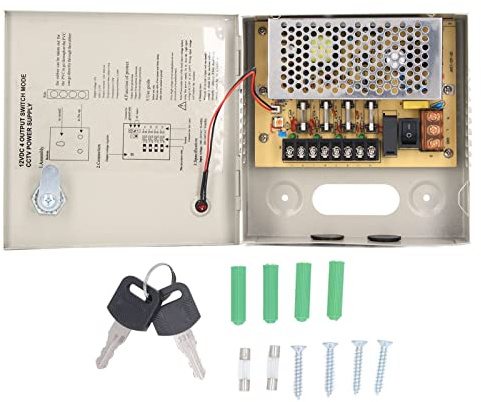 Uadme Netzteil Kasten, Schaltnetzteil mit Metallbox und Schloss, CCTV Netzteil, 4 Kanal 12V DC 3A Transformator Netzteil Verteiler Box Leistungsnetzteil für CCTV Kamera