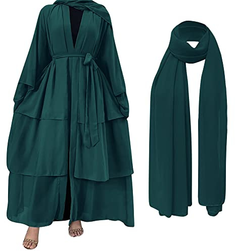 IBTOM CASTLE Abaya Muslim Dress for Women - Open Front Chiffon Kaftan With Hijab Scarf, Dubai Middle East Arabian Robe Islamic Full Length Casual Loose Long Sleeve Cardigan, Dark Green XXL