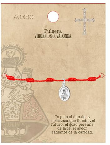 cotigo Pulsera 7 Nudos Roja con Virgen de Covadonga en Acero-Amuletos de la Suerte y Proteccion-Pulsera Mal de Ojo para Parejas y Amistad-Bisutería Ajustable,Pulsera Hilo Rojo Mujer y Hombre