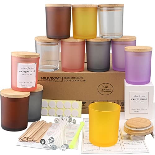 MILIVIXAY Paquete de 12 tarros de cristal multicolor de 7 onzas con tapas y kits de fabricación de velas, tarros vacíos a granel para hacer velas