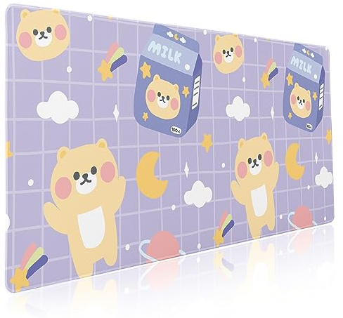 Cute Bear Milk Gaming Mauspad XXL Lila Gelb Niedlich Kawaii Anime Erweiterte Große Schreibtischunterlage Großes Mousepad Rutschfeste Gummibasis Genähte Kante Mousepad für Desktop Büro PC Computer 90 x