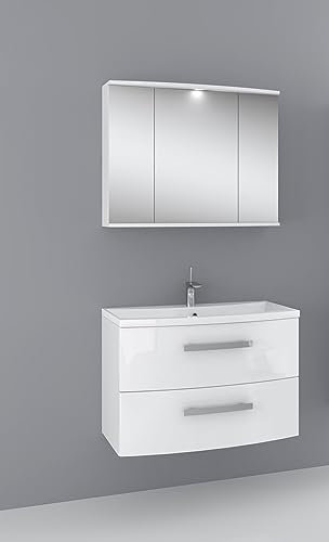 NAKA Livia Badmöbel-Set mit Waschbecken 80cm Spiegelschrank mit Beleuchtung Badschrank Waschtisch Schubladen Soft-Close Badezimmerschrank Waschbeckenunterschrank Matt Weiß