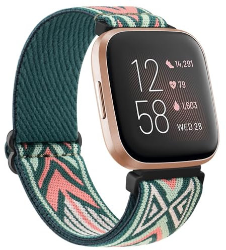 Mugust Correa para Fitbit Versa 2 Mujer Hombre,Nylon Correas Elástico Ajustable Pulseras Repuesto para Fitbit Versa/Versa 2/Versa Lite/Versa SE(Flecha Verde)