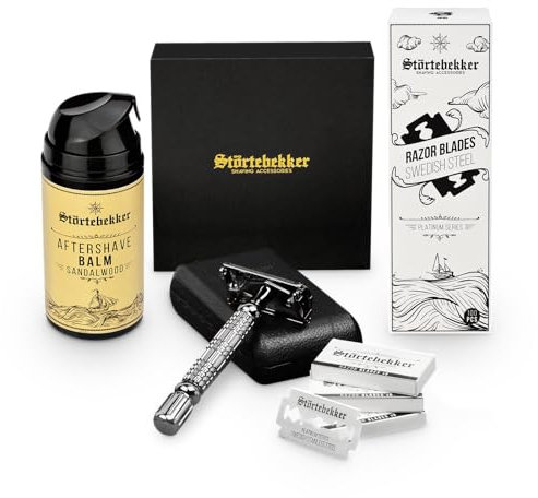 Störtebekker® Premium Anti Hautirritationen Set - Für eine perfekte Rasur - inkl. Rasierhobel Schwarz, Rasierklingen, After Shave Balsam - Geschenkidee Herren - Rasierset/Bartpflege Set Herren