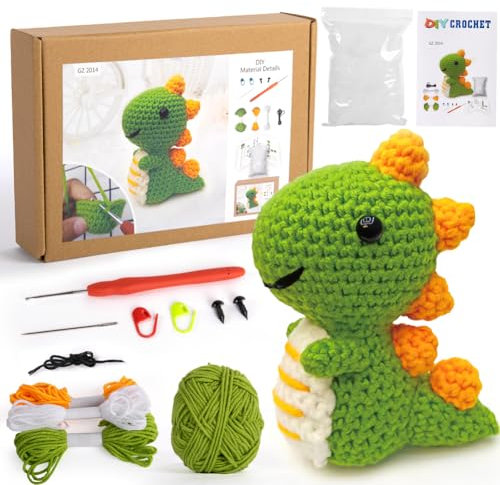 Oududianzi Häkelset für Anfänger, niedliches Tier-Dinosaurier, Anfänger-Häkeltier-Set für Erwachsene und Kinder, mit Schritt-für-Schritt-Anleitung (evtl. nicht in deutscher Sprache) und Garnen, Haken,