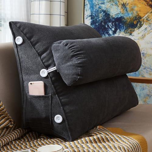 GOFOHIMI Home Dreieck Lesekissen, Keil-Lendenwirbelstützkissen, weiches Rückenstützkissen, Sofa-Taillenkissen, Rückenlehnenrolle, verstellbares Nackenkissen und Tasche,Dunkelgrau,45x22x50cm
