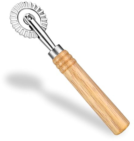 Bewudy Nudelschneider-Rad, Pizzaschneider, Zinklegierung langer Holzgriff Ravioli-Stempelmacher Presse Roll-Rollschneider Pizza-Gebäck-Werkzeuge Formen mit geriffeltem Heimbefestigung Küchenhelfer