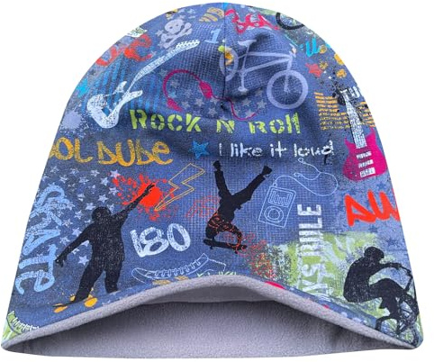 Wollhuhn Öko Warme Winter Jungen/Mädchen/Kinder Long Beanie Mütze Mit Fleecefutter Versch. Motive (aus Öko-Stoffen, Bio) 20220666 (Cool Stuff Jeansblau, M)