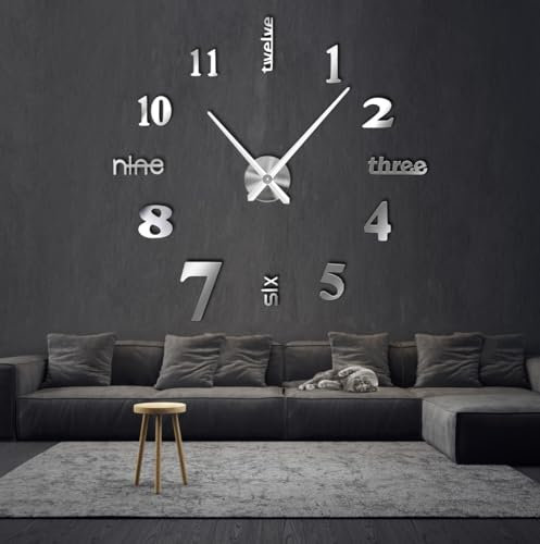R&M ORIENT® 3D Wanduhr große Moderne Mute DIY – Luxus Dekoration Geschenk – Wandtattoo – Uhren für Büro Wohnzimmer Schlafzimmer Dekoartikel Home Office Quarzuhr (Silber-D)
