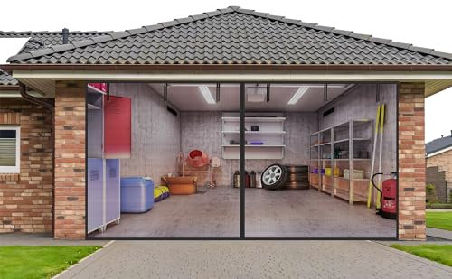 VIOMORL Schermo per porta del garage, 2 porte per auto, 4,9 x 2,1 m, rete in PET aggiornata più forte della fibra di vetro e del poliestere, fondo pesante e chiusura magnetica, mani libere, facile da