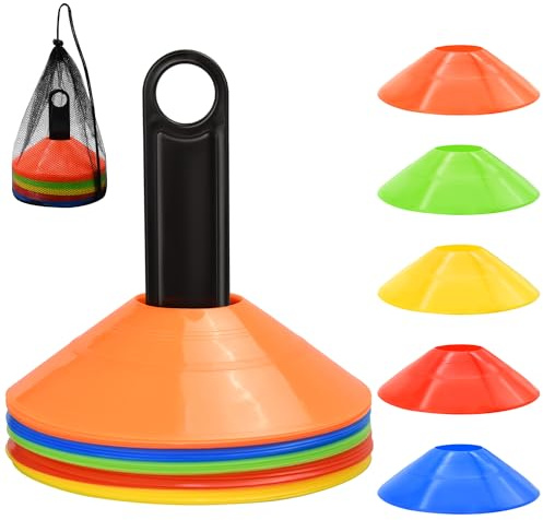 FGBNM 25 Pack Disc Cones, Agility Soccer Cones with Carry Bag and Holder, Soccer Cones for Sports Training, Football, Soccer, Basketball, Coaching, Practice Equipment, 5 Color