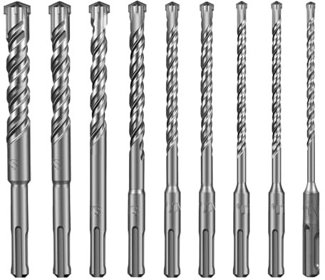 SALI 9PCS SDS Plus Rotary Hammer Drill Bit Cross Drill Bits Double Thread 4-Cutter Tungsten Carbide Tip Fully Hardened Tool for Concrete,Brick,Cement Walls,Stone, Ø 5/6/6/8/8/10/12/14/16mm x 160mm