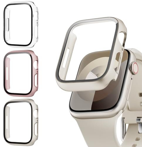 Lovmunia 3-Stück Schutzhülle mit Displayschutzfolie Kompatibel mit Apple Watch Series 9/8/7 41mm, Rundum Ultradünne Hard Gehäuse Eingebaut Kratzfest Gehärtetes Glas Schutzfolie für iWatch 41mm