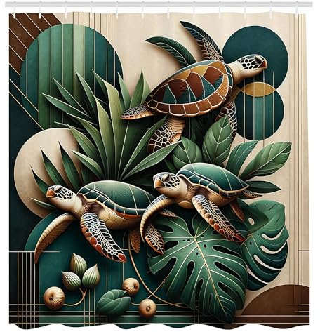 ABAKUHAUS Schildkröte Duschvorhang, Mid Century Style Monstera Blätter exotische Meeresnatur erdige Farben, Stoffliches Gewebe Badezimmerdekorationsset mit Haken, 175 x 180 cm, Jagdgrün Beige Braun