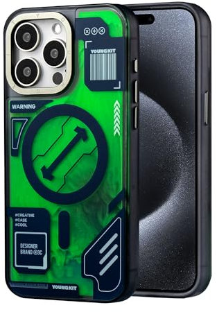YOUNGKIT Magnetische Handyhülle für iPhone 15 Pro hülle - Technische Textur Kompatibel mit MagSafe Aluminiumlegierung Kamerarahmen Transluzente Matte Hartschale CyperPunk Serie- Grün Titanium1