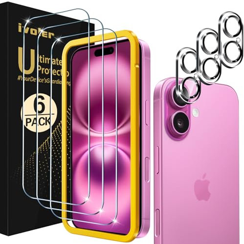 ivoler 3 Piezas Protector de Pantalla para iPhone 16 con 3 Piezas Protector de Lente de Cámara y Marco de Instalación, Cristal Vidrio Templado Anti-Arañazos, 9H Dureza, Ultra HD