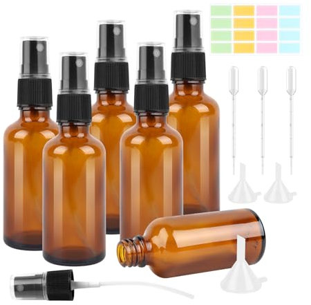 VMUTGA 6 Piezas Botellas de Spray, 50ml Marrón Botella de Vidrio Pulverizador Ambar Botellas Vacía de Vidrio Spray Bottle Reutilizables con Embudo para Aceites Esenciales Perfumes Cosméticos Líquidos