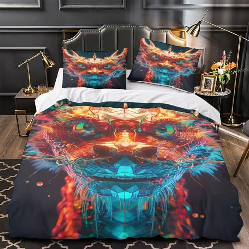 JUXINGABC Kinder Bettwäsche, Dragons & Tiers Bettbezug Kissenbezug Single(140x200cm) 3D Bettwäsche Mit Reißverschluss Weich Microfaser Bettdeckenbezug