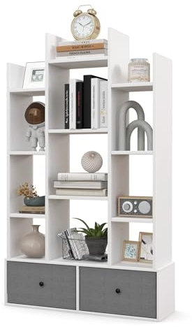 SFAREST Tree-Shaped Bookshelf, 7/12 Tier Floor Standing Wooden Bookcase with Foldable Drawers, Storage Display Book Rack Shelving Unit for Living Room Study Office(White,12 Cubes+2 Drawers)