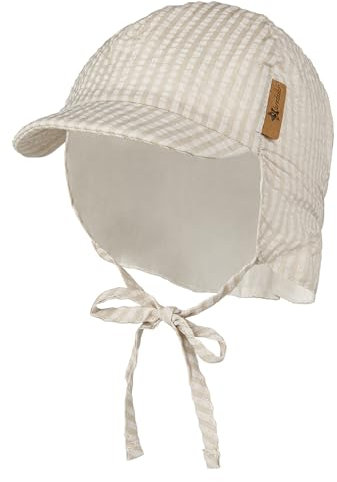 Sterntaler Schirmmütze Nacken Streifen - Jungen Mütze aus Seersucker - UV-Schutz 30 Sommermütze mit Nackenschutz - Sonnenhut - Baby und Kinder Kopfbedeckung zum Binden - beige, Größe 39