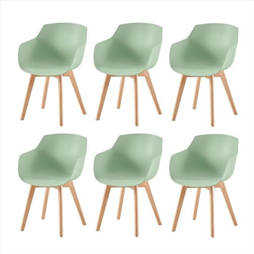 EGGREE Esszimmerstühle 6er-Set mit Beinen aus massivem Buchenholz, Retro-Design, Küchenstühle aus Holz, Wohnzimmerstuhl mit Armlehnen - Eiscreme Grün