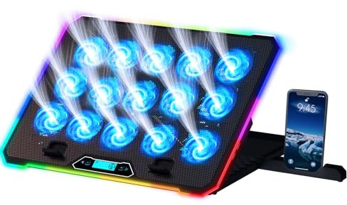 KLIM V15 Base di raffreddamento da Gaming per Notebook con 15 ventole + Stabile supporto RGB con ventole per portatile + Compatibile fino a 17 + 2 porte USB + Supporto per telefono