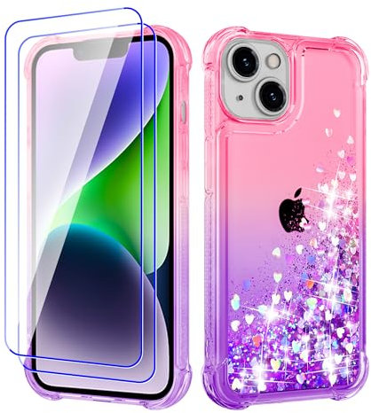 Pilaru Lovely for iPhone 13/14 Case[2 Screen Protector] Clear Liquid Heart Glitter Soft TPU Cover Transparent Girly Shockproof Protective Phone Case for iPhone 13/14,Pink/Purple
