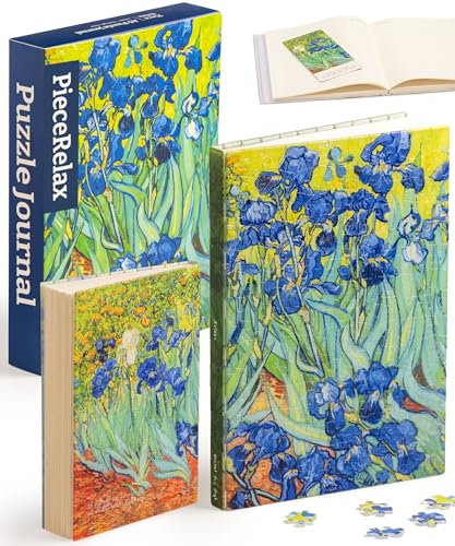 PieceRelax Puzzle Buchumschlag Van Gogh - Irises [YA1065], A5 Liniertes Notizbuch, Transparente Buchhülle, Stifthalter, Lesezeichen, 329 Teile