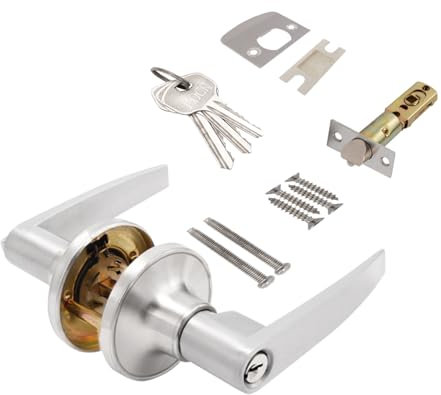 Door Handle Lock with Key, Zinc Alloy Door Handles Internal, Door Handle Lock for Bedroom, Bathroom, Entrance(Silver)