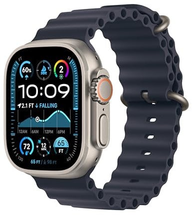 Apple Watch Ultra 2 GPS + Cellular 49mm Smartwatch, Sports Watch with Natural Rugged Titanium Case with Navy Ocean Band. Fitness Tracker, Precision GPS, Extra-Long Battery Life