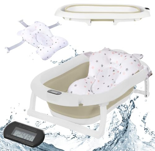 Primabobo Faltbar Babybadewanne, Große Babywanne, Kinderbadewanne mit Badesitz, für Babys von 0-36 Monaten (Premium Beige (Badekissen, Thermometer), Faltbare Babybadewanne)