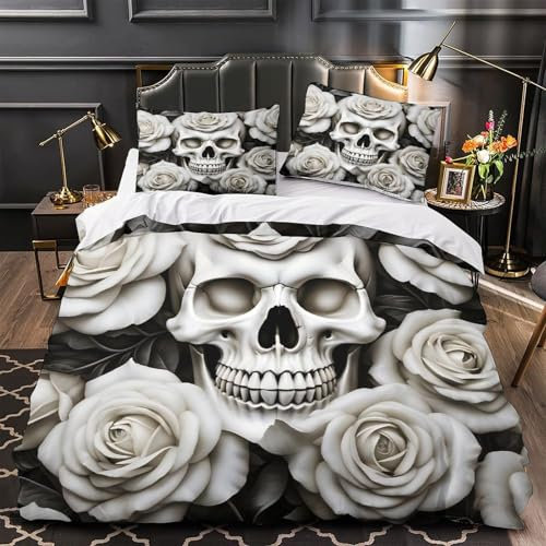 Skull Rose 3D Printed Art Skull Duvet Cover Comforter Covers Quilt Cover with Pillow Cases Soft Microfiber Bedding Set with Zipper Closure Single(140x200cm)