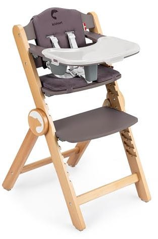 Kidnort Holzhochstuhl Drömmer Unique bis 75kg Mitwachsender Faltbarer Hochstuhl aus Buche für Kinder mit Sitzkissen 5 Punkt Gurt zusätzliche Ablage Schrittgurt 9 Höhenverstellungen Schutzbügel Braun