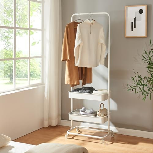 [en.casa] Garderobenständer Kumad 175 x 58 x 36 cm Rollgarderobe 2 Rollen mit Bremse Kleiderständer auf Rollen Garderobe Garderobenstange 2 Gitterkörbe Jackenständer Metall Kleiderstange Weiß