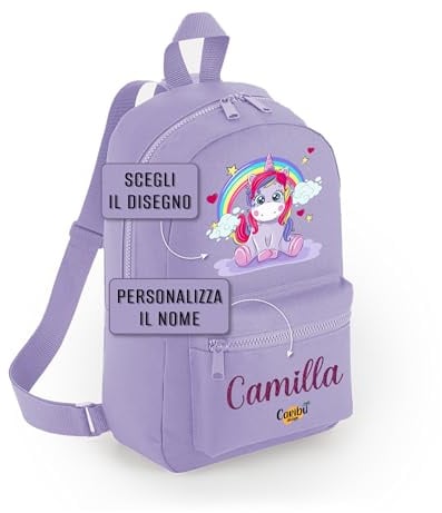 Caribu design Zainetto Bambino/Bambina Personalizzato con Nome - Zaino Piccolo da Bimbo - Cartella Personalizzabile per Scuola Asilo Materna Sport Gite Viaggi 23 x 35 x 12 cm (Viola)