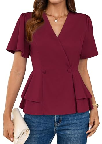 GRACE KARIN Blouses for Women UK Summer Short Sleeve V-Neck Wrap Blouses Black Elegant Business Party Tops L Wine Red-3