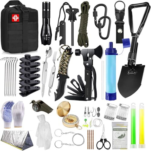 AuRiver Außen Notfall Survival Kit mit Camping Zubehör, Survival Outdoor Ausrüstung mit Jagdmesser Multitool Hammer Axt Wasserfilter Outdoor, Personalisierte Geschenke für Abenteuer Wandern (Schwarz)