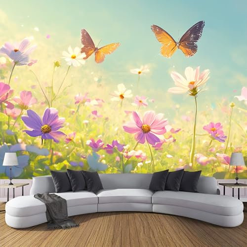 Seidenstoff Fototapete 3D Effekt 250X175Cm (B×H), Foto Tapete Schlafzimmer Wohnzimmer Moderne Tapete Wandtapete, Blumen Schmetterlinge Motivtapeten Bildtapete Wand Dekoration - Farbkunst