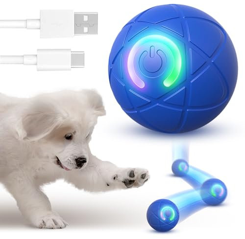 MEMOEVER Interactive Dog Toys, Electric Moving Dog Ball, Smart Self-Moving Ball with LED Light, Rechargeable Cat Toys Balls for Cats, Dogs, Pets (Blue)