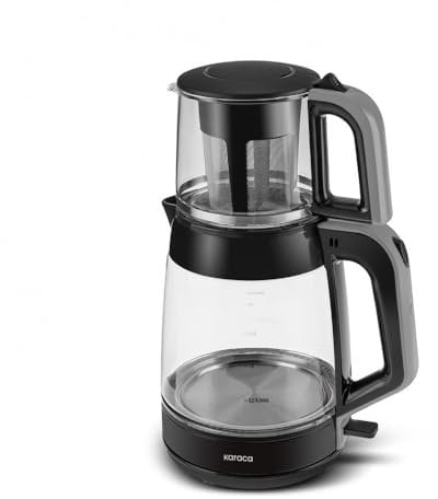 Karaca Glass Tea XL 2in1 Teekanne & Wasserkocher Space Gray, 0,9L Glasteekanne, 2,2L Glaswasserkocher, 360° drehbare Basis, automatische Warmhaltefunktion, BPA-frei, 1900W Leistung