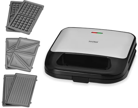 Innoteck Kitchen Pro 3 in 1 Snack Maker – Sandwich, Waffle & Grill Plates | 750W, Non-Stick Detachable Plates, Easy Clean, Compact Storage, Thermostat, Cool-Touch