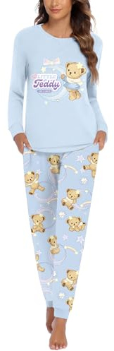 Ekouaer Women Comfy Pajamas Teddy Bear Print Ladies Pyjamas Set Long Sleeve Loungewear Cute Teddy Bear Top and Pants Pjs Set Soft Nightwear Sleepwear