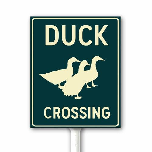 Cartello di attraversamento di anatra, rallentare per il bene delle anatre, segnali di sicurezza stradale, cartello di avvertimento divertente con animali, targa in alluminio 18 x 22 cm con paletto