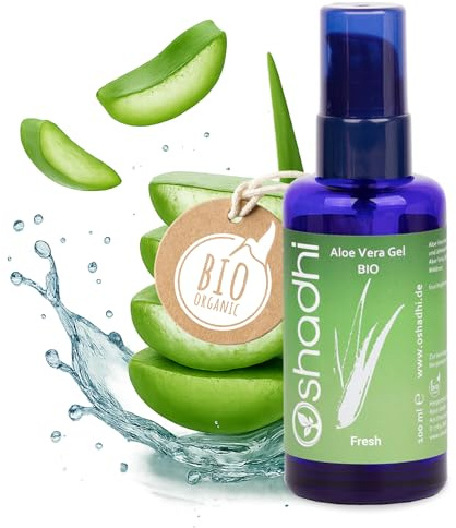OSHADHI Aloe Vera Gel Sensitiv Bio 100ml - Aloe-Vera-Gel mit Natürlichen Pflegeölen - Ohne Alkohol - After Sun-Pflege Für Empfindliche Haut - Feuchtigkeitsspendend - Vegan, Glasflasche mit Pumpspender